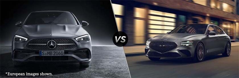 Gray 2022 Mercedes-Benz C-Class Front Grille vs Gray 2022 Genesis G70 Front Exterior on a City Street