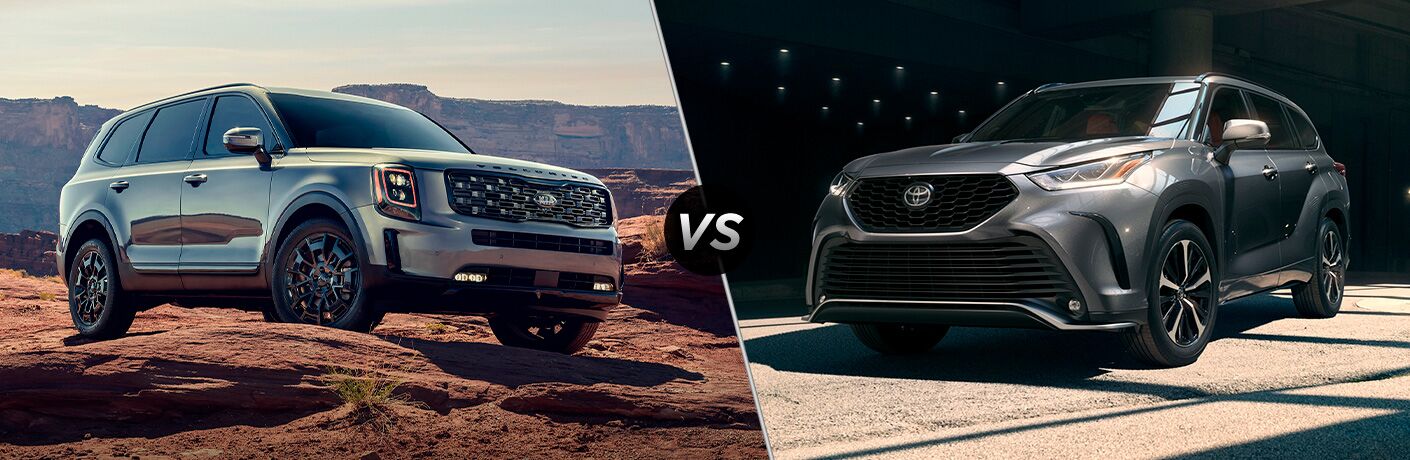 The front and side view of a silver 2021 Kia Telluride compared to a gray 2021 Toyota Highlander.