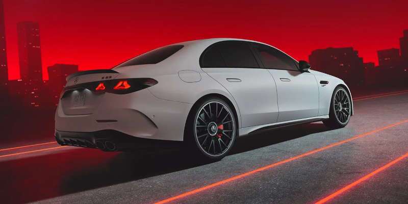 A rear-quarter external view of the the 2025 Mercedes-Benz AMG® E 53 Hybrid Sedan near Scottsdale