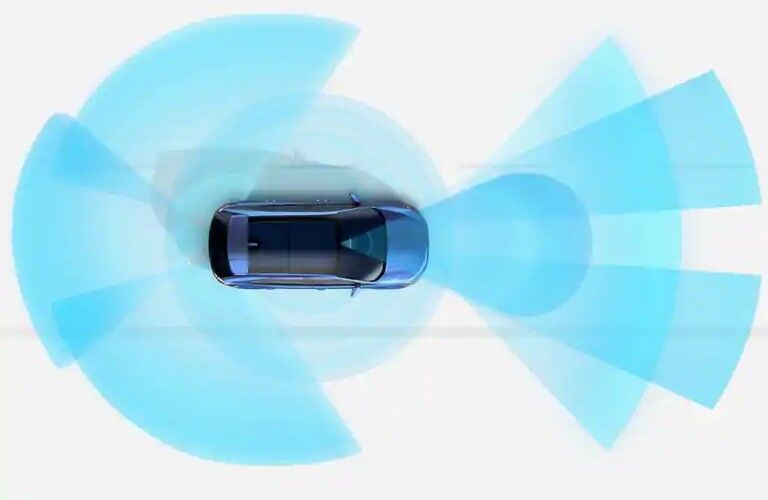 Overhead view of 2020 Ford Edge SE with radar detection shown