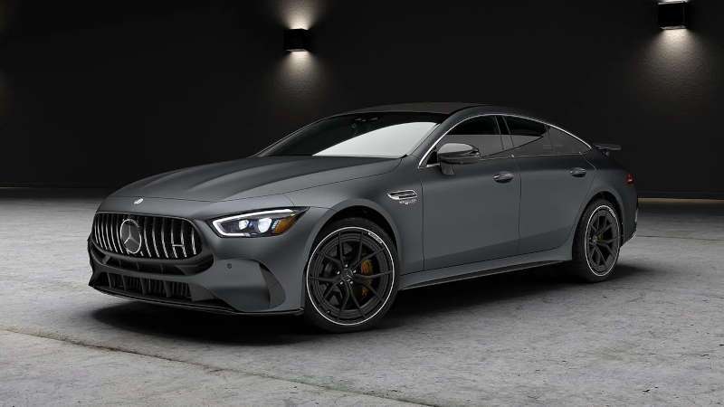 A front 3/4 view of the exterior of the 2025 Mercedes-Benz AMG® GT 63 4-Door Coupe