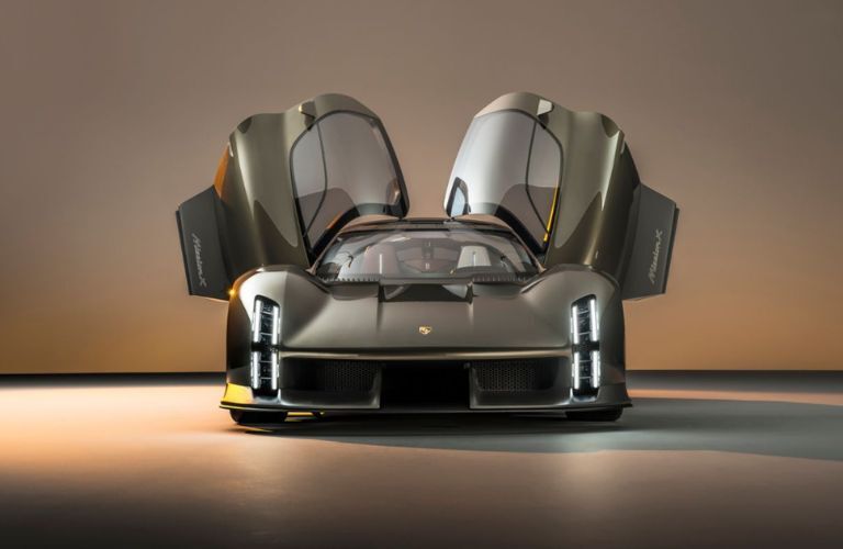 The Porsche Mission X concept hypercar with its dihedral doors open