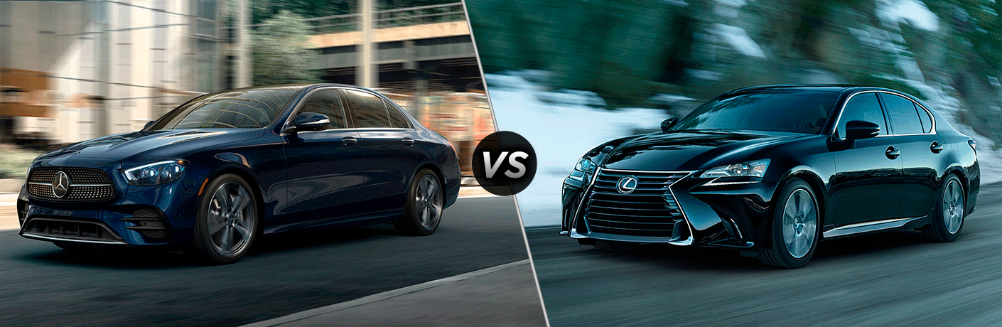 2021 MB E-Class exterior front fascia driver side in blurred city vs 2020 Lexus GS exterior front fascia driver side on blurred snowy road