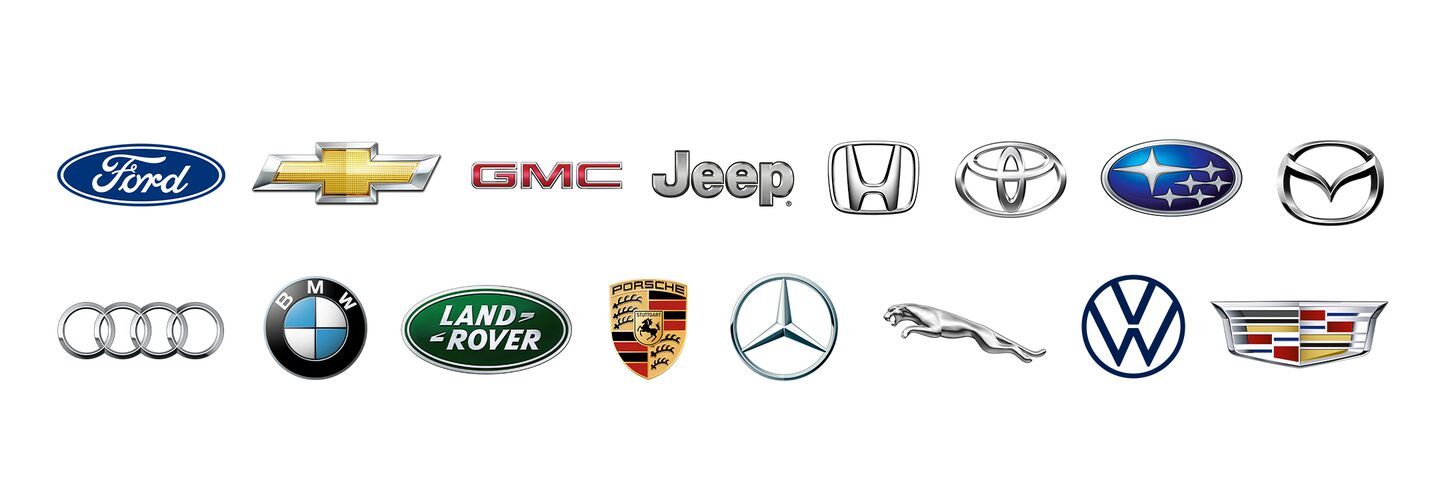 Ford, Chevrolet, GMC, Jeep, Honda, Toyota, Subaru, Mazda, Audi, BMW, Land Rover, Porsche, Mercedes-Benz, Jaguar, Volkswagen and Cadillac