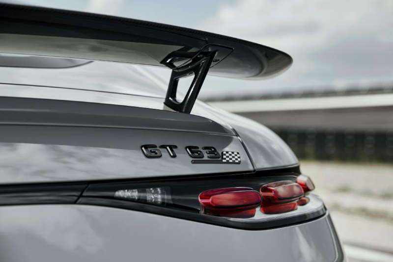 A rear external view of the 2025 Mercedes-AMG® GT 63 PRO 4MATIC+® Coupe badge and wing