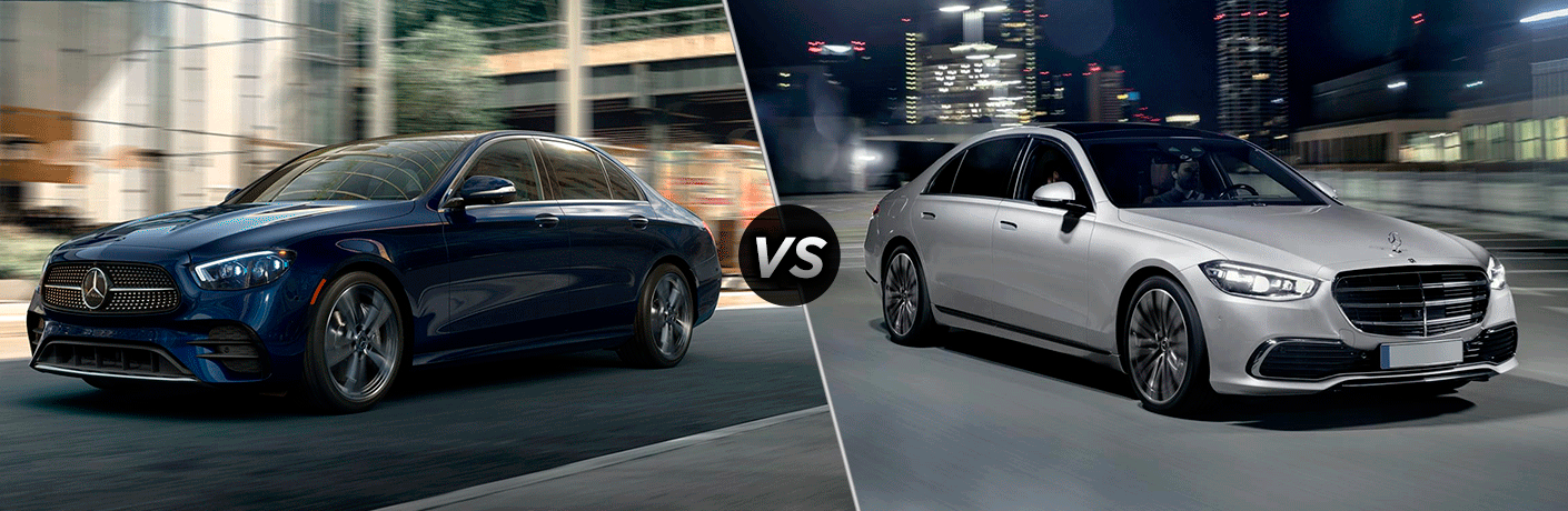 2021 MB E-Class exterior front fascia driver side in blurred city vs 2021 MB S-Class exterior front fascia passenger side in city at night