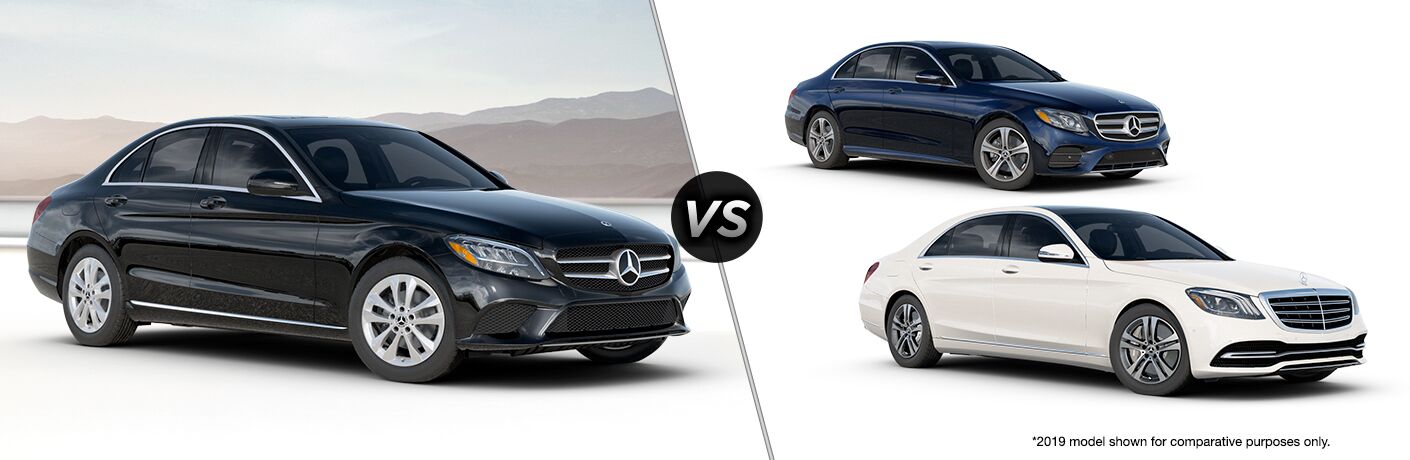 2020 MB C-Class exterior front fascia and passenger side vs 2020 MB E-Class exterior front fascia and passenger side vs 2020 S-Class exterior front fascia and passenger side