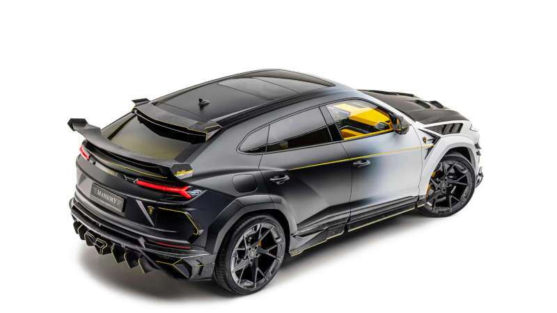 A rear quarter exterior view of the Lamborghini Urus Mansory
