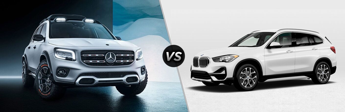 2020 MB GLB exterior front fascia passenger side vs 2020 BMW X1 exterior front fascia driver side