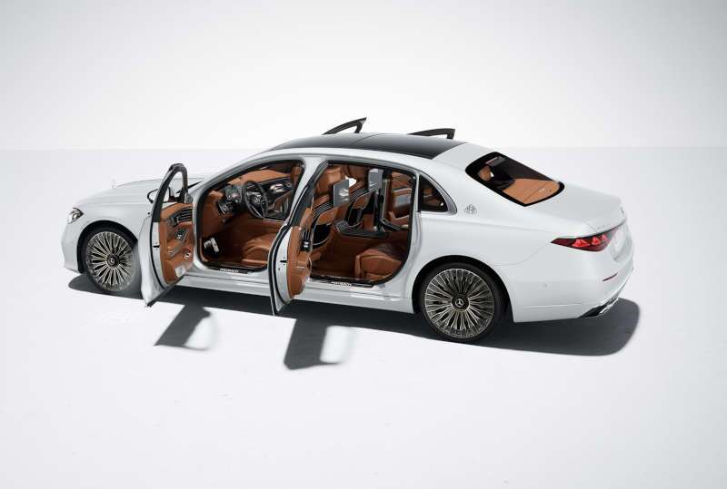 A side, doors-open exterior view of the 2027 Maybach S 680 Sedan