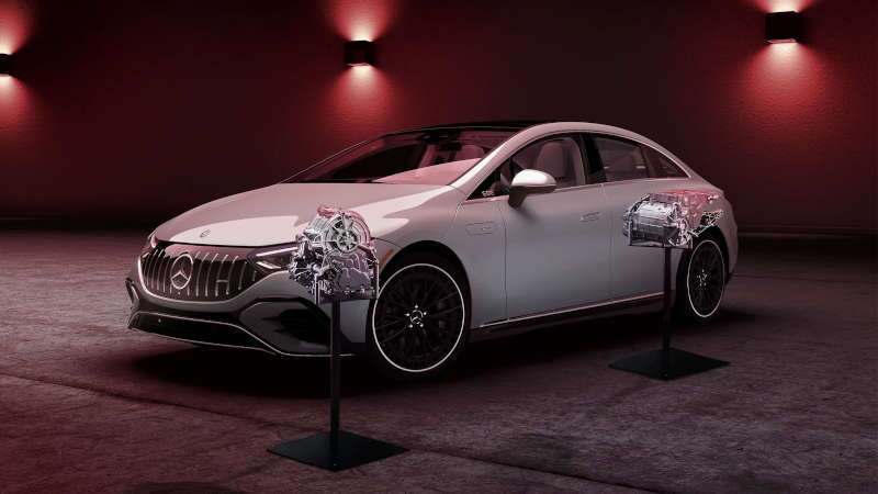 A front 3/4 exterior view of the 2026 Mercedes-Benz AMG® EQE Sedan