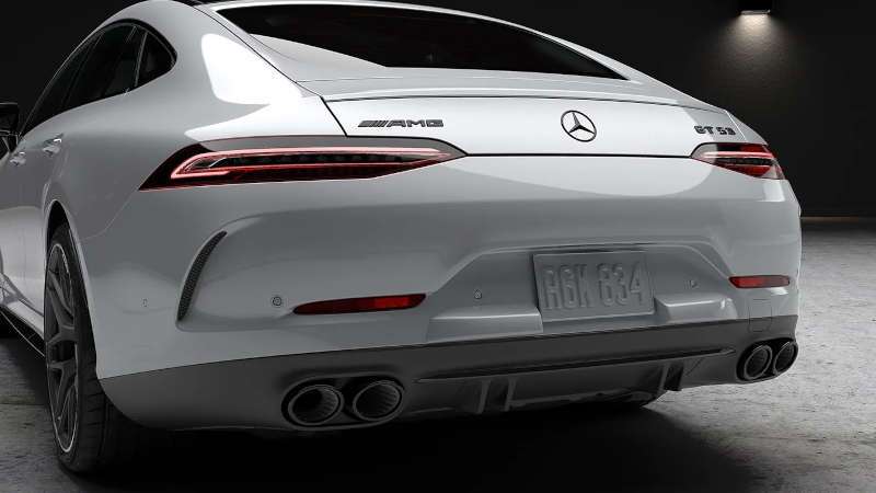 A rear exterior view of the 2026 Mercedes-AMG® GT 4-Door Coupe