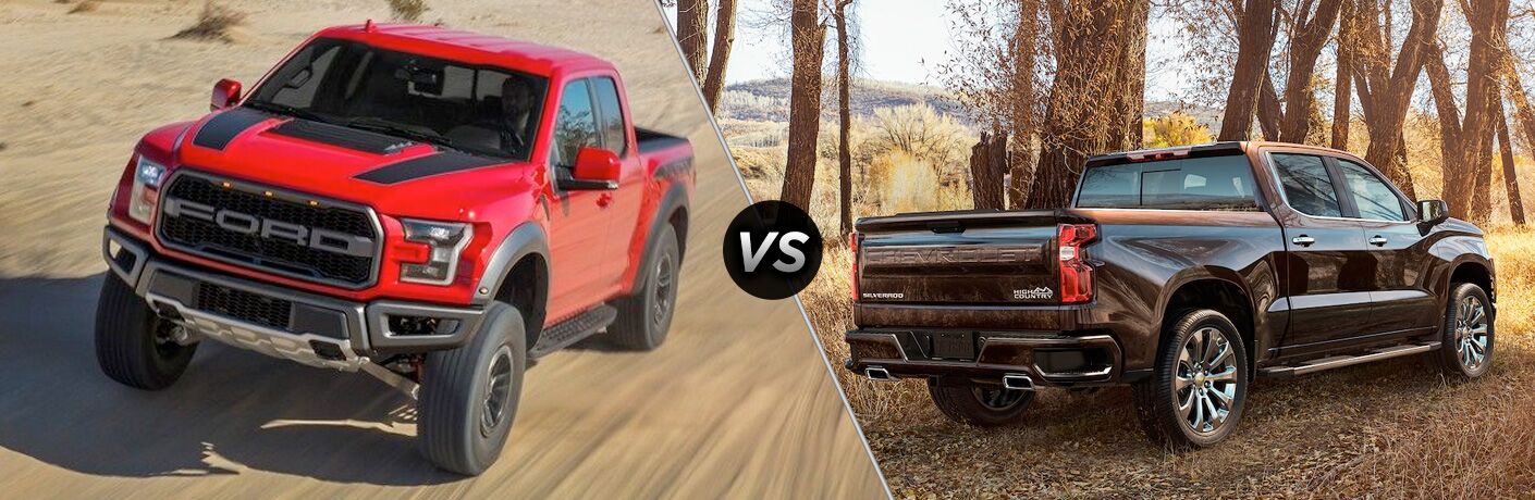 Red Ford F-150 next to black Chevrolet Silverado 1500 in comparison image