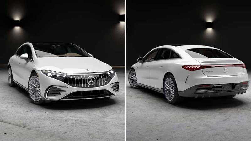 A split pane view of the front and rear exterior of the AMG® EQS Sedan