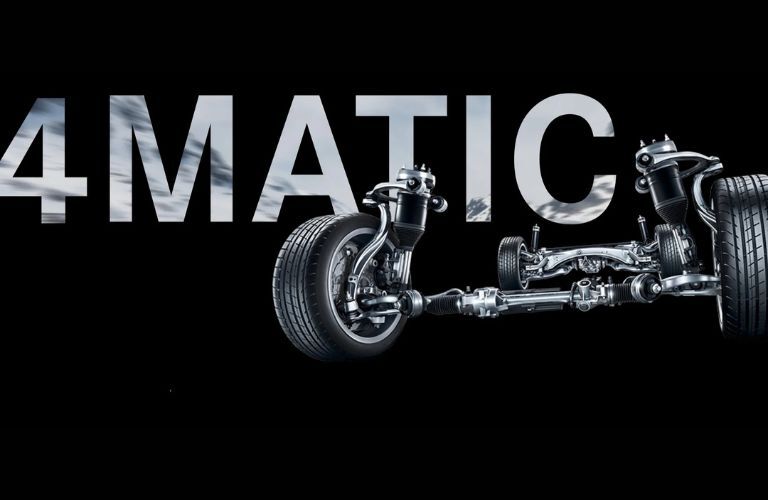 a Mercedes-Benz car's drivetrain and wheels with a black background