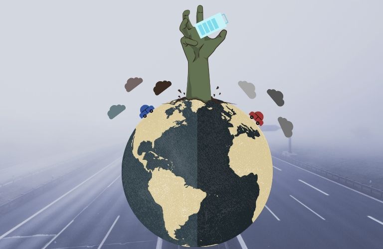 A hand bursts forth from a polluted earth, holding a battery as a last ditch hope for the planet