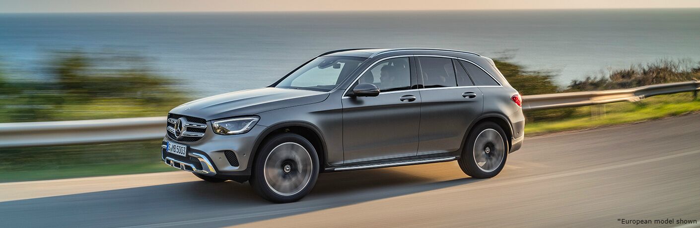 2020 MB GLC SUV exterior front fascia driver side on blurred highway