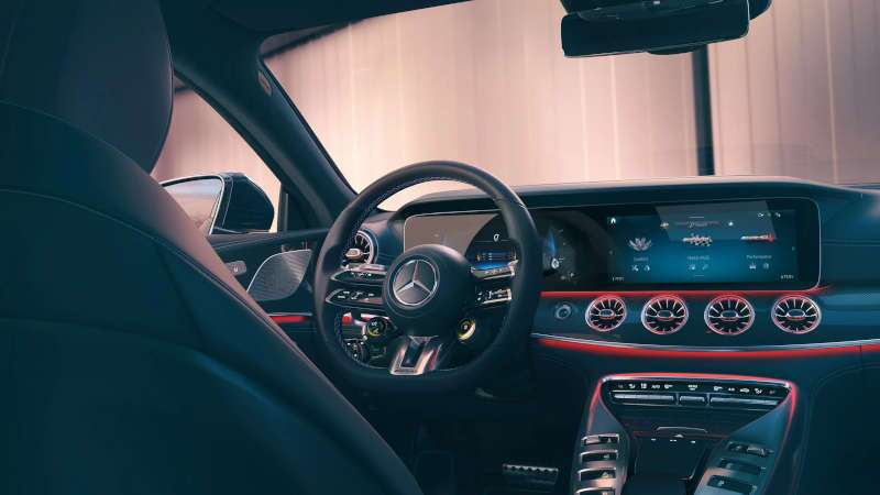 The high tech cockpit and controls in the 025 Mercedes-Benz AMG® GT 53 4-Door Coupe