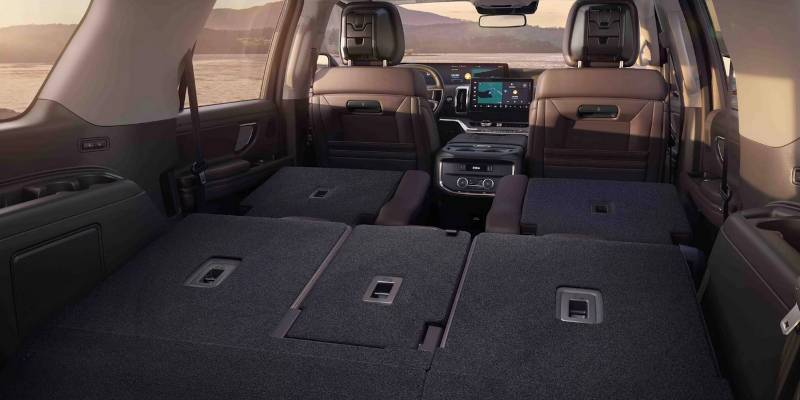 The massive cargo area with seats folded down in the 2025 Ford Expedition.