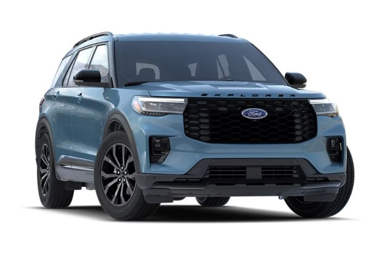 2025 Ford Explorer ST-Line front view in blue on white background