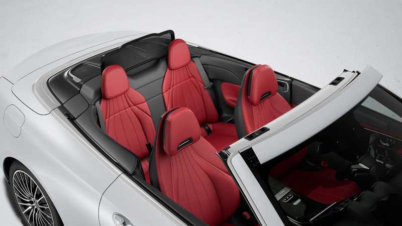 A view inside the 2025 Mercedes-Benz CLE 300 4MATIC® Cabriolet with its top down