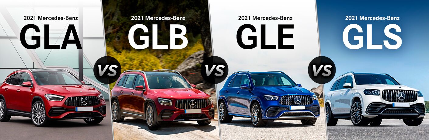 2021 MB GLA vs GLB vs GLE vs GLS exterior front fascia passenger side