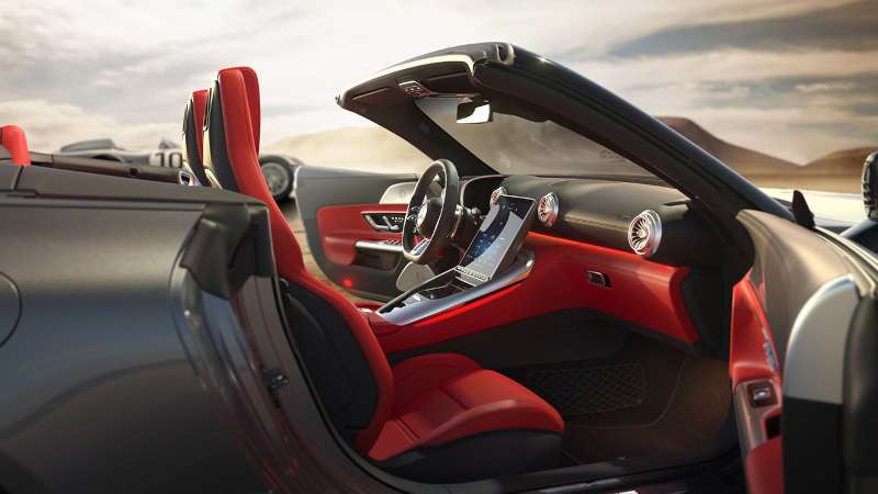 A cockpit view of the 2026 AMG® SL 43 Roadster