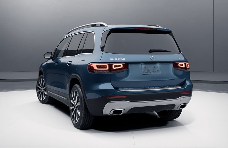 Rear view of the 2023 Mercedes-Benz GLB 250 in Denim Blue