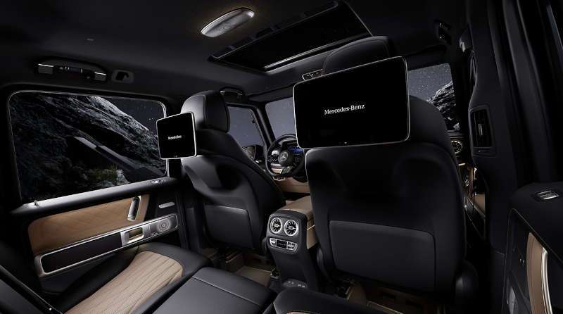 The rear entertainment displays and cabin of the 2026 Mercedes-Benz G 580