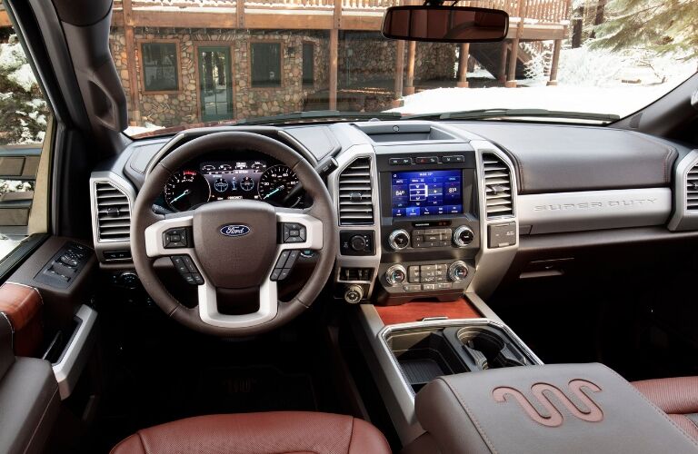 Steering wheel and centre touchscreen inside 2020 Ford Super Duty