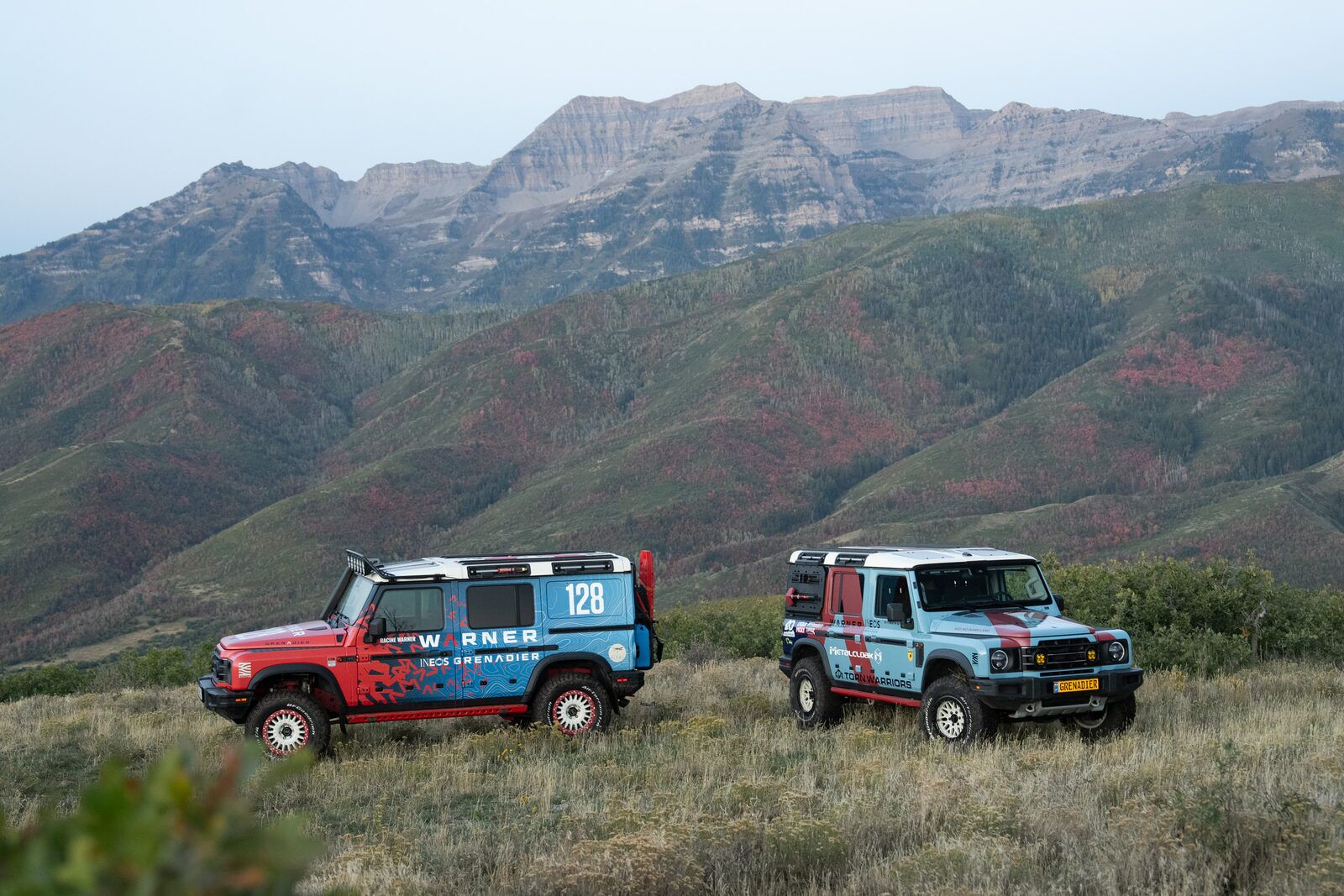 Warner INEOS Grenadier Rebelle Rally vehicles, team 128 Helga and team 121, during pre-rally training near Mount Timpanogos Utah