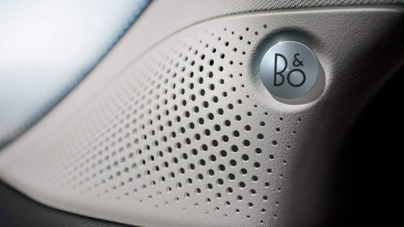 A closeup of the premium Bang and Olufson sound system in the 2025 Ford Ranger Lariat.