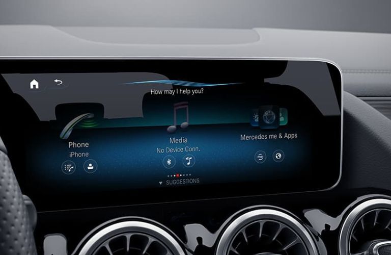 Close up view of the MBUX Multimedia display with "Hey Mercedes" interface running inside the 2022 Mercedes-Benz GLA.