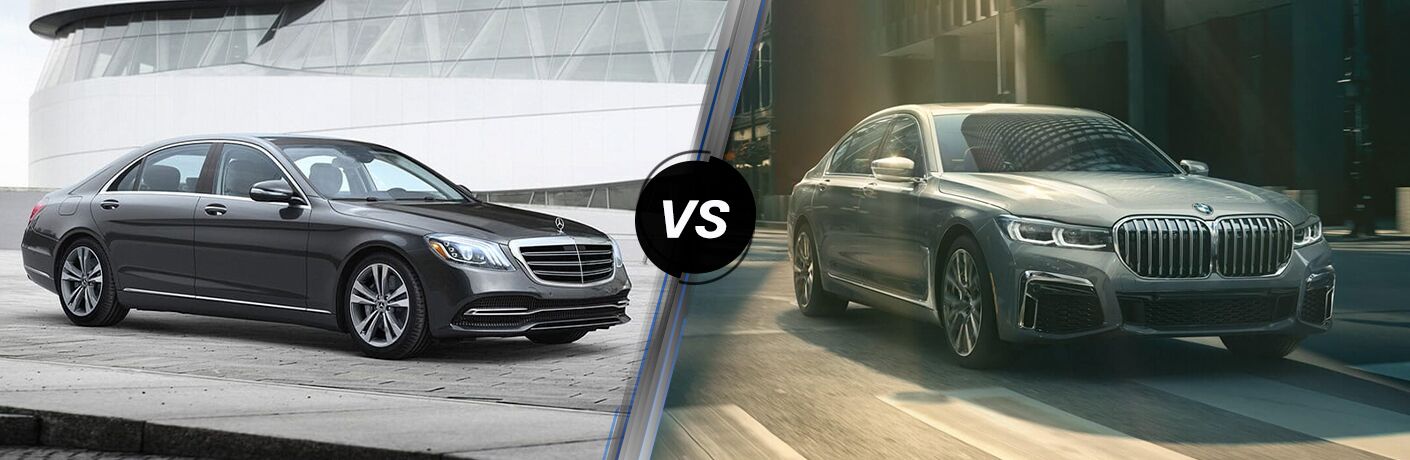 2021 Mercedes-Benz S-Class next to a 2021 BMW 7 Series
