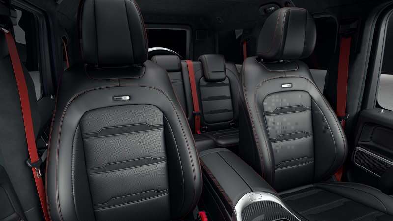 The hand stitched leather seating in the 2026 Mercedes-Benz AMG® G 63 SUV