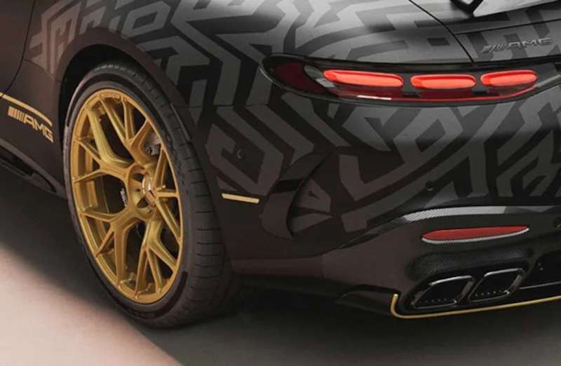 A rear exterior view of the 2026 Mercedes-AMG® GT 63 APXGP Edition