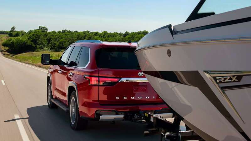 The 2026 Toyota Sequoia towing a large boat
