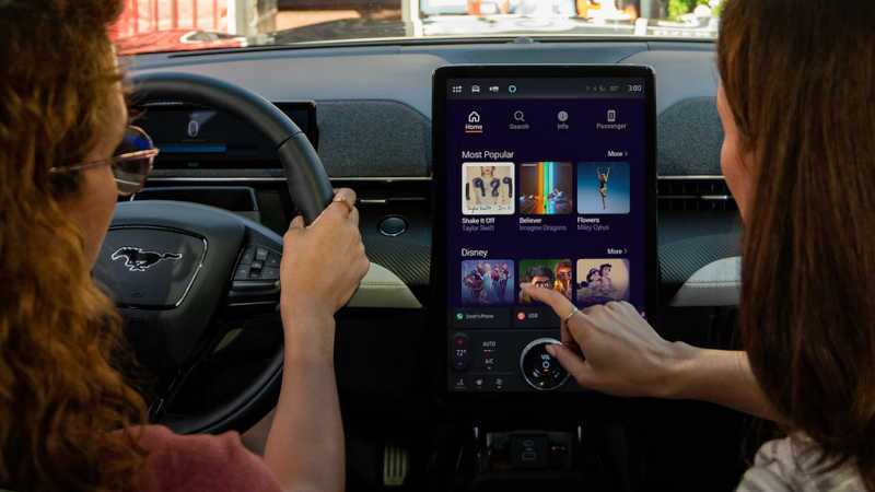 The massive infotainment system in the 2026 Ford Mustang Mach-E