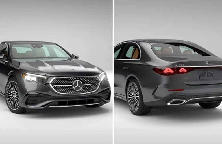 front and rear view of the 2025 Mercedes-Benz E 450 4MATIC Sedan