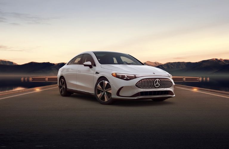 Front-quarter view of the 2027 Mercedes-Benz CLA 250+ Electric Sedan White