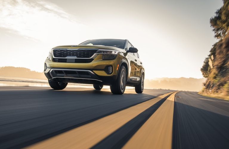 2021 Kia Seltos on a highway from a low angle