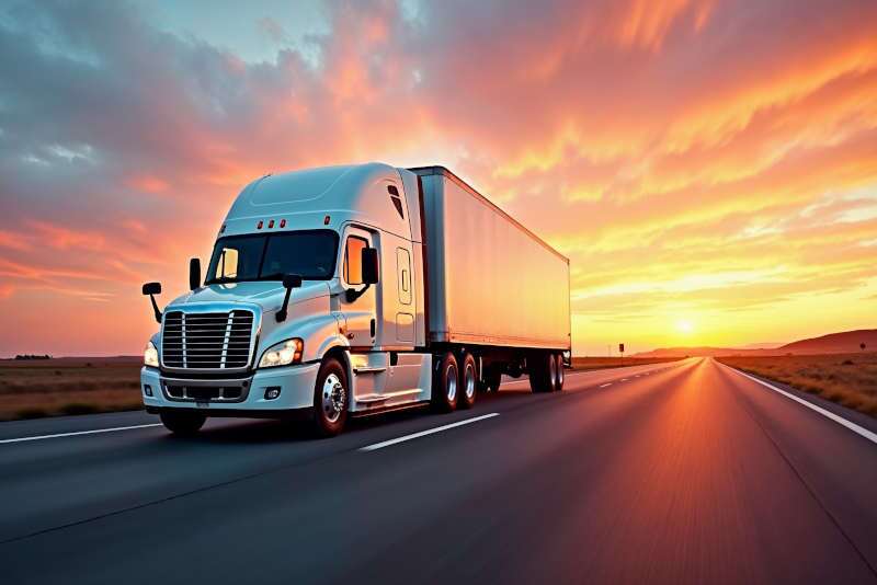 A semi truck driving on the freeway with a sunset in the background