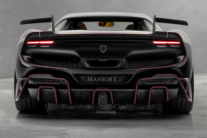 A rear external view of the 2025 Ferrari 296 GTB Mansory for sale near Miami
