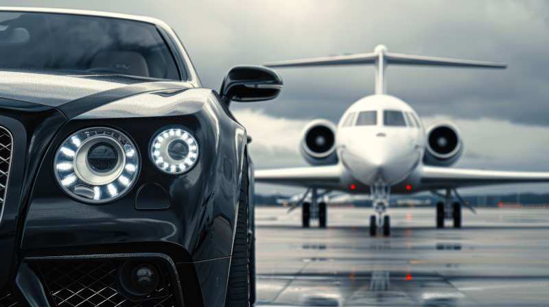 A high-end luxury car parked in front of a private jet