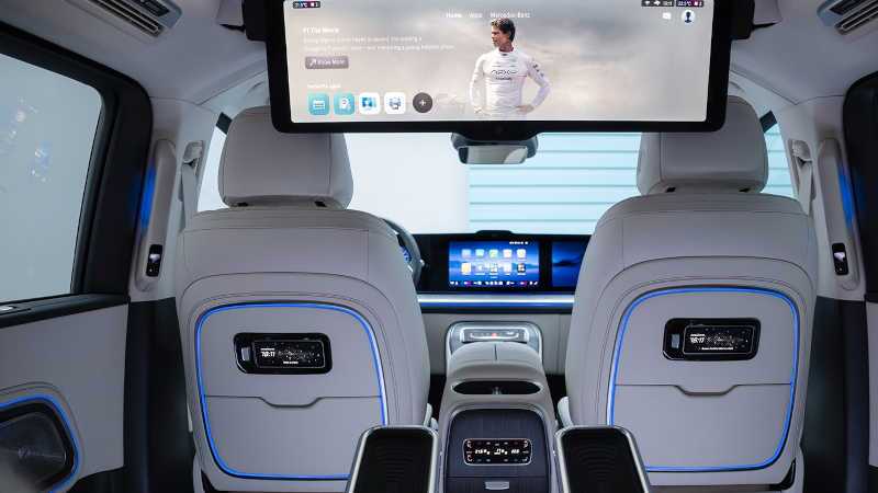 The widescreen entertainment available in the rear seating of the 2027 Mercedes-Benz VLE