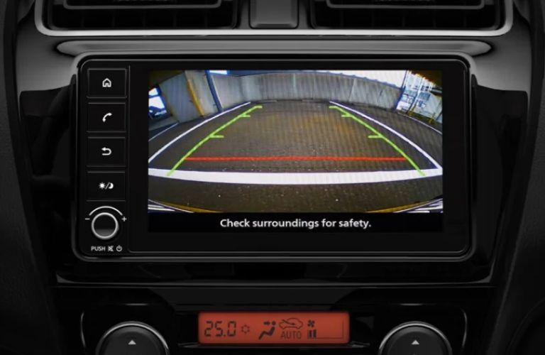 An image of the rear-view camera system of the 2023 Mitsubishi Mirage.