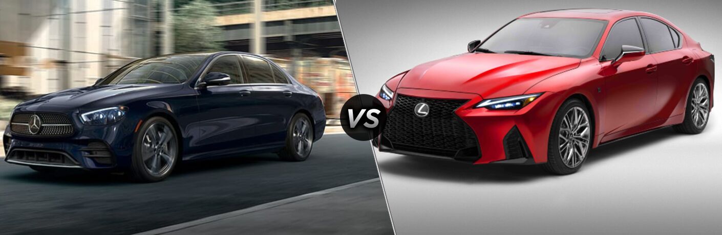 2022 Mercedes-Benz E350 Sedan Vs. 2022 Lexus IS 500 F Sport front quarter view