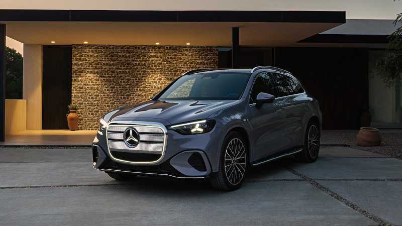A front 3/4 external view of the 2027 Mercedes-Benz Electric GLC SUV
