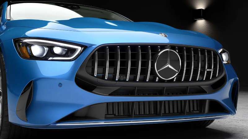The distinctive front grille of the 2025 Mercedes-Benz AMG® GT 53 4-Door Coupe