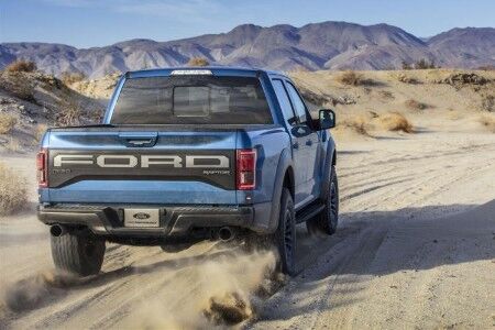 Rear view of 2019 Ford F-150 truck with name badge showing